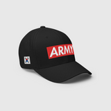 Angled Side View of Ausenseiter Black Cap showing South Korean Flag and Red ARMY Logo