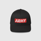 Ausenseiter Black Cap Front View with Red ARMY Logo - Premium Stretch-fit Baseball Hat