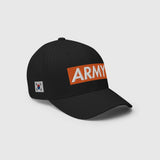 Angled Right Side View of Ausenseiter Black Cap highlighting South Korean Flag and Orange ARMY Logo