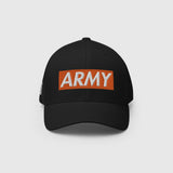 Ausenseiter Black Cap Front View with Orange ARMY Box Logo Embroidery