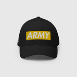 Ausenseiter Black Cap Front View with Yellow ARMY Box Logo Embroidery