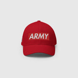 Ausenseiter All Red Baseball Cap Front View with White ARMY Box Logo Embroidery