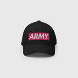 Ausenseiter Black Cap Front View with Pink ARMY Box Logo Embroidery