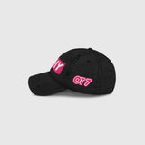 Ausenseiter Distressed Black Cap Left Side View showing Pink OT7 Logo and ARMY Embroidery